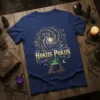 Hokus Pokus t-shirt design with flying witches, a swirling galaxy, and a bubbling cauldron graphic in gold and green
