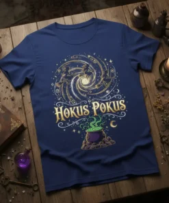 Hokus Pokus t-shirt design with flying witches, a swirling galaxy, and a bubbling cauldron graphic in gold and green