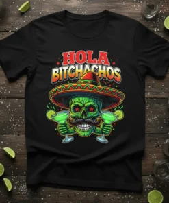 Hola Bitchachos T-Shirt featuring a green skull in a sombrero holding margaritas