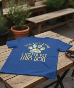 Hold My Drink I Gotta Pet This Dog quote with paw print graphic on a blue t-shirt