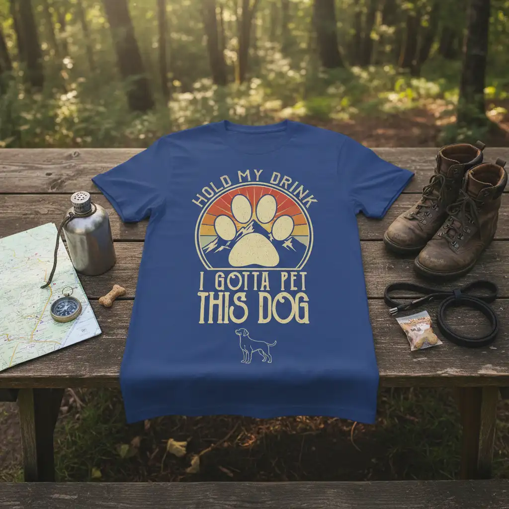 Hold My Drink I Gotta Pet This Dog humorous quote design with paw print and dog silhouette