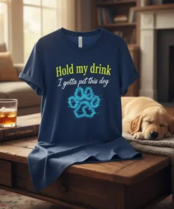 Navy blue t-shirt with yellow and blue text "Hold my drink I gotta pet this dog" and a neon paw