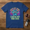 Hold My Wine I Gotta Pet This Dog text with a paw print graphic on a navy blue t-shirt, retro