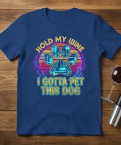 Hold My Wine I Gotta Pet This Dog text with a paw print graphic on a navy blue t-shirt, retro