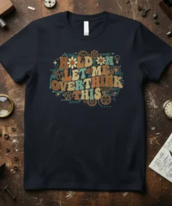 Retro "Hold N Let Me Overthink This" quote t-shirt design with gears and floral elements