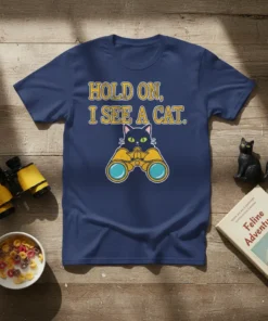 Navy blue t-shirt with yellow text "HOLD ON, I SEE A CAT." above a black cat looking through binoculars