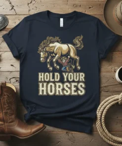 Hold Your Horses t-shirt with cowboy and bucking horse graphic, vintage distressed font