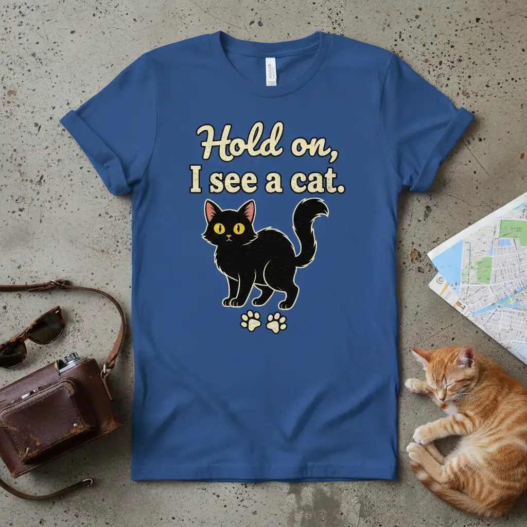 Hold on, I see a cat. quote on a t-shirt with a black cat graphic and paw prints