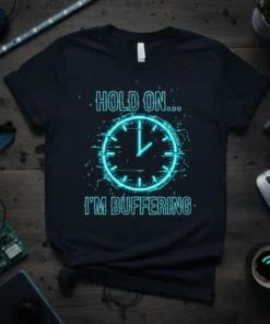 T-shirt with "HOLD ON... I'M BUFFERING" text and a neon blue digital clock graphic, representing tech humor
