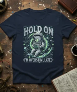 Astronaut bear sitting in space holding a tablet, text reads "HOLD ON I'M OVERSTIMULATED"