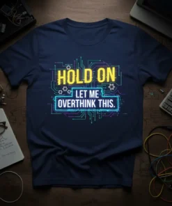 Navy blue t-shirt with yellow and neon blue text that reads "HOLD ON LET ME OVERTHINK THIS." Design features circuit