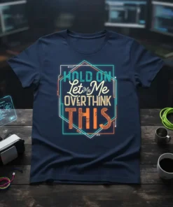 Hold On Let Me Overthink This quote t-shirt in navy blue with geometric design, featuring teal, yellow, and orange text