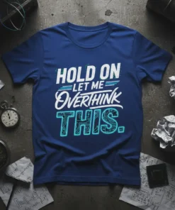 T-shirt with "HOLD ON LET ME OVERTHINK THIS." text in white and neon blue, featuring circuit board design elements
