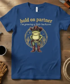 Hold On Partner I'm Growing A Little Buckaroo t-shirt with a frog cowboy graphic