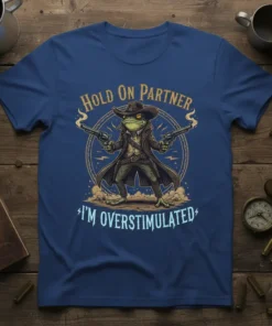 Hold On Partner I'm Overstimulated cowboy frog t-shirt design with guns and western theme