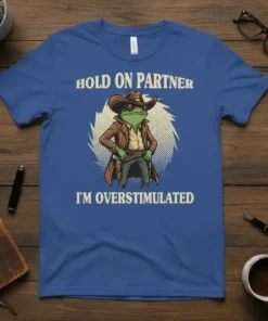 Hold On Partner I'm Overstimulated funny cowboy frog t-shirt design with text and graphic