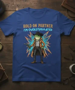 Hold On Partner I'm Overstimulated text above a cowboy frog graphic wearing a hat and holding a gun