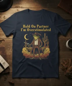 Hold On Partner I'm Overstimulated text with a cowboy frog graphic on a navy t-shirt