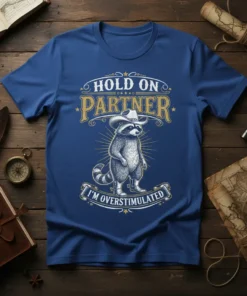 T-shirt design with text "Hold On Partner I'm Overstimulated" and a cowboy raccoon graphic
