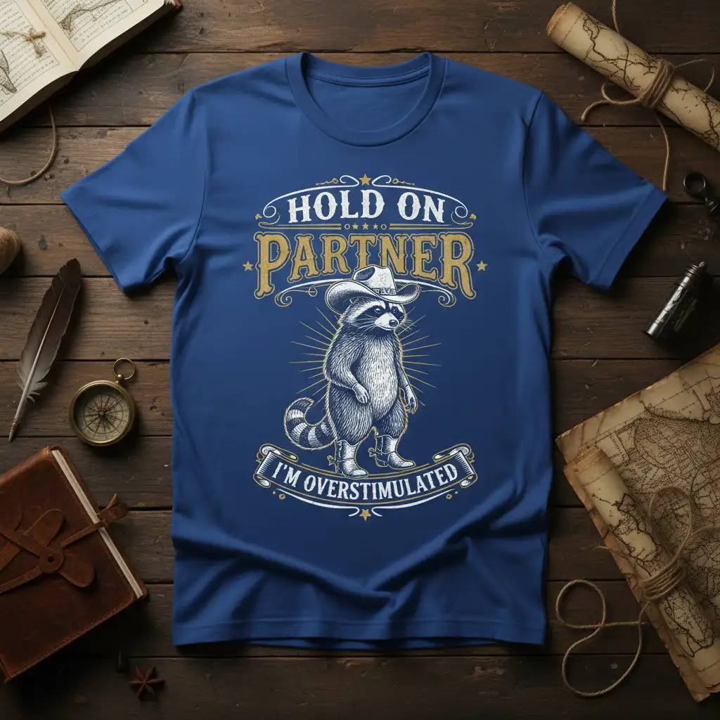 Hold On Partner I'm Overstimulated quote with cowboy raccoon illustration on a blue t-shirt