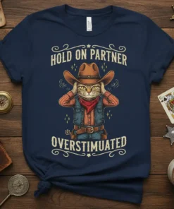 Navy t-shirt with "Hold On Partner Overstimulated" text above a cat dressed as a cowboy, hands on its head