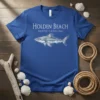 Holden Beach North Carolina text with a detailed shark graphic on a blue t-shirt