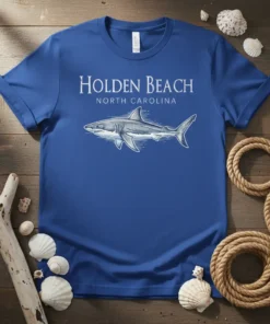 Holden Beach North Carolina text with a detailed shark graphic on a blue t-shirt
