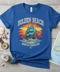Holden Beach North Carolina vintage tall ship design with lighthouse and palm trees at sunset