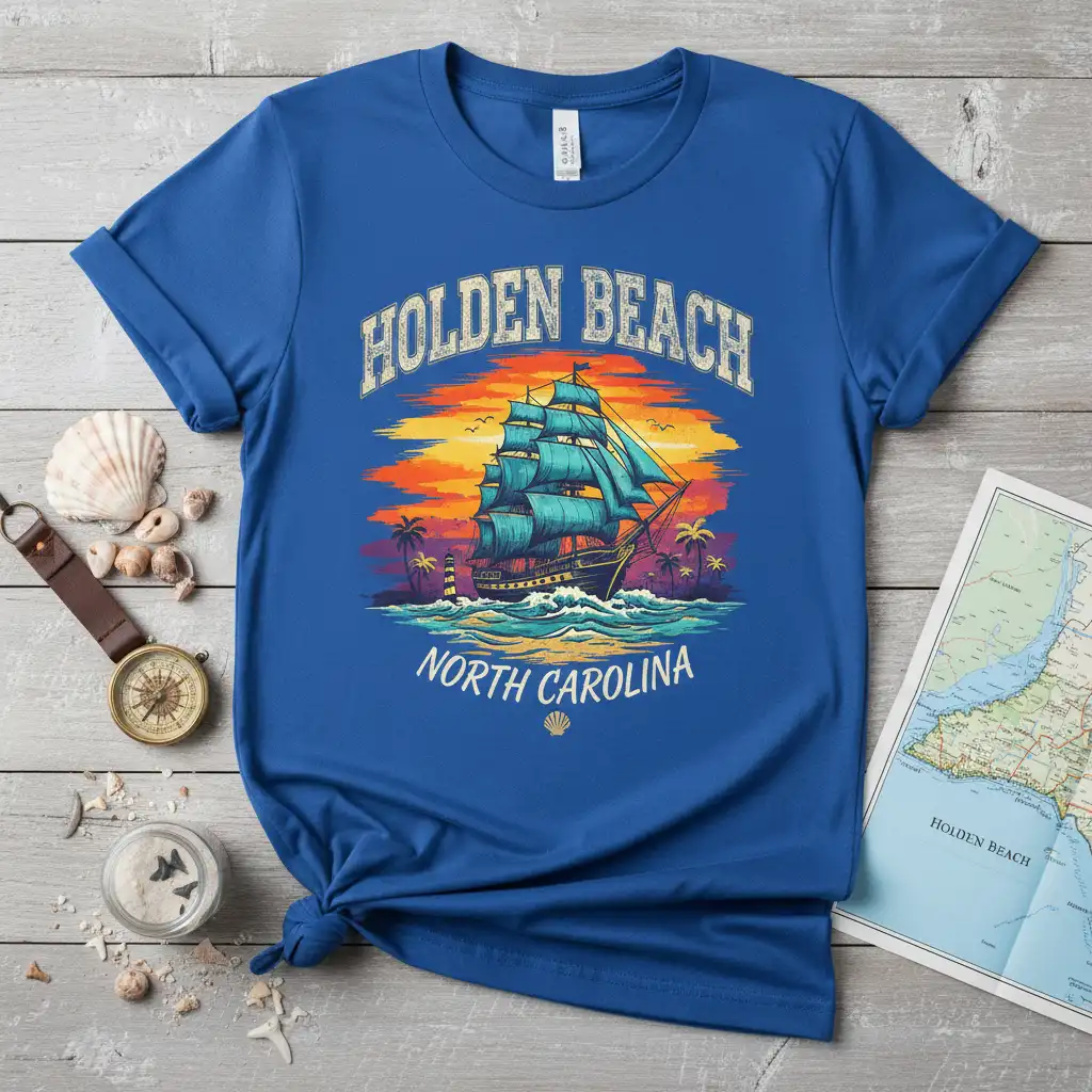 Vintage tall ship sailing at sunset graphic for Holden Beach North Carolina tee