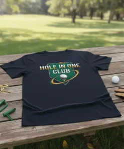 Hole In One Club text design with golf ball and flag on a navy t-shirt