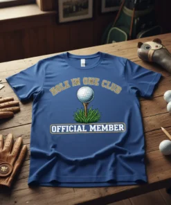 Blue t-shirt with "Hole in One Club Official Member" text and a golf ball on a tee graphic