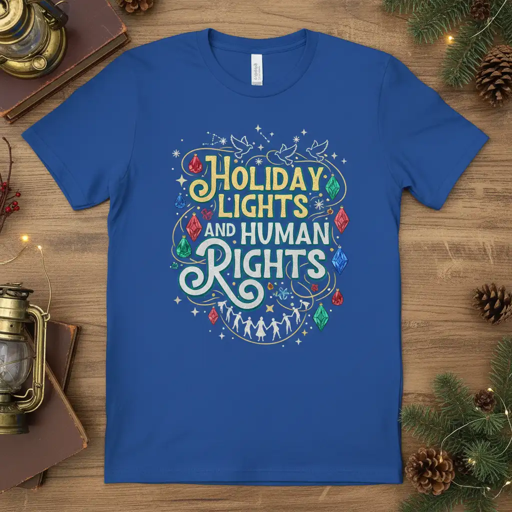 Holiday Lights and Human Rights quote with festive ornaments and people holding hands graphic