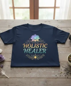 Holistic Healer t-shirt with rainbow lotus flower graphic and celestial accents, featuring the words HOLISTIC HEALER in colorful text