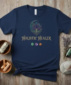 Holistic Healer t-shirt with lotus moon graphic and crystals, navy blue tee, spiritual wellness design