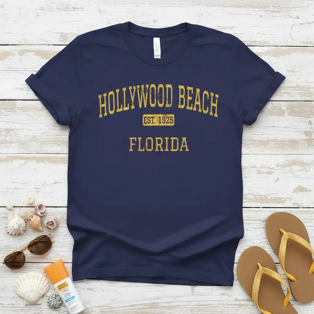 Hollywood Beach Florida Est 1925 distressed yellow text on navy blue t-shirt
