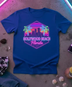 Hollywood Beach Florida retro neon design with palm trees and cityscape graphic
