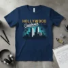 Hollywood California LOS ANGELES text overlaying a stylized city skyline with palm trees and stars
