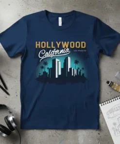 Hollywood California LOS ANGELES text overlaying a stylized city skyline with palm trees and stars
