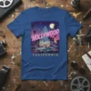 Hollywood California retro graphic tee with a vintage building, classic car, and palm trees under a moonlit sky