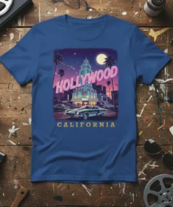 Hollywood California retro graphic tee with a vintage building, classic car, and palm trees under a moonlit sky