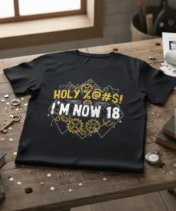 HOLY % @ # $! I'M NOW 18 text design with gears and geometric patterns on a black t-shirt