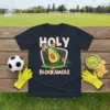 Holy Blockamole avocado goalie t-shirt design with soccer ball and goal net