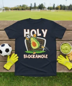 Holy Blockamole avocado goalie t-shirt design with soccer ball and goal net