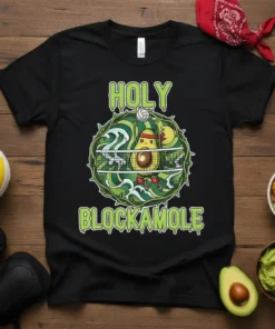 Holy Blockamole t-shirt design featuring a cartoon avocado playing volleyball with green waves and a net