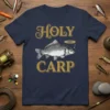 Navy blue t-shirt with "Holy Carp" text and a detailed carp graphic with a halo