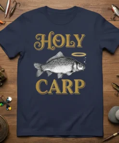 Navy blue t-shirt with "Holy Carp" text and a detailed carp graphic with a halo