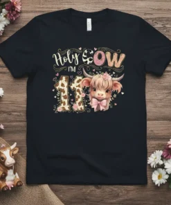 Holy Cow I'm 11 birthday t-shirt design with a cute cow graphic and festive lettering for an 11-year-old girl