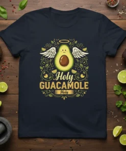 Holy Guacamole Holy text design with a smiling winged avocado graphic, framed by decorative elements