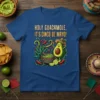 Cinco de Mayo t-shirt with "Holy Guacamole, It's Cinco de Mayo!" text and a happy avocado character holding maracas
