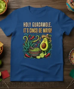 Cinco de Mayo t-shirt with "Holy Guacamole, It's Cinco de Mayo!" text and a happy avocado character holding maracas